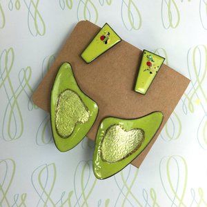 2 Pair Vintage Green and Yellow Enamel Earrings